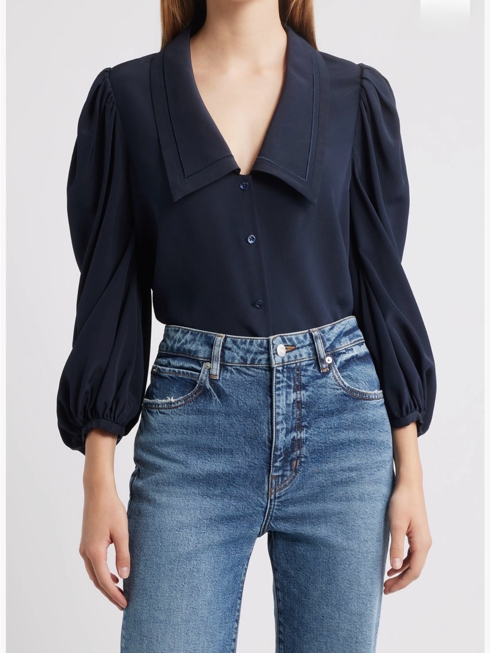 Frame The Sailor Navy Silk Puff-Sleeve Button Front Top Blouse size XS